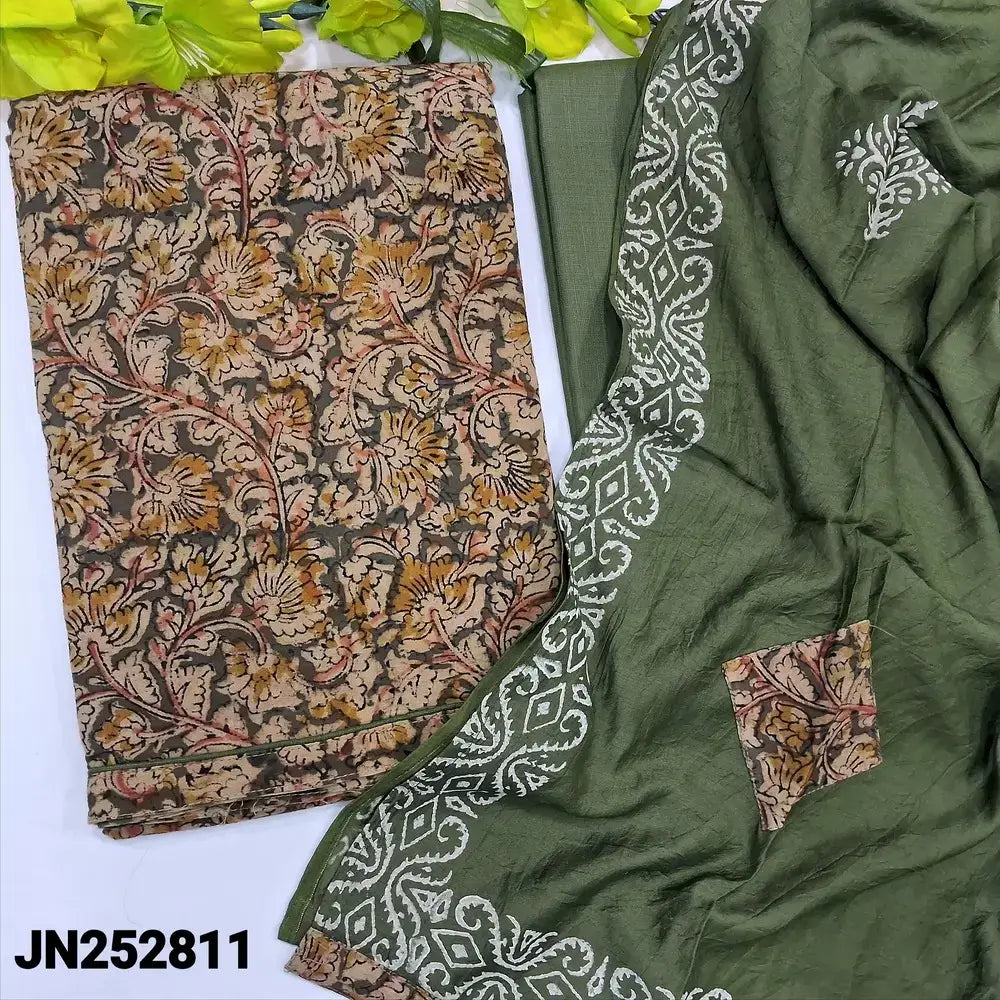 Olive green kalamkari block printed pure cotton salwar material jn252811-Neidhal