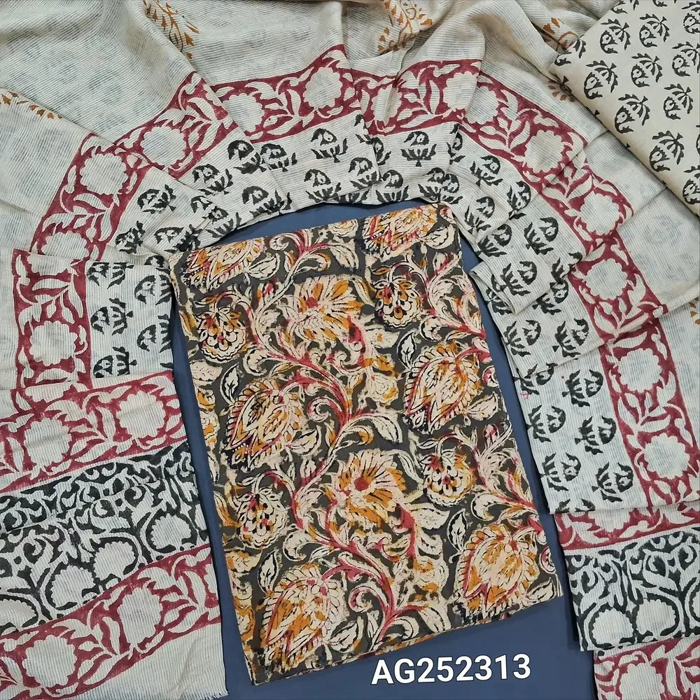 Olive green kalamkari hand block printed pure cotton salwar material ag252313 Neidhal