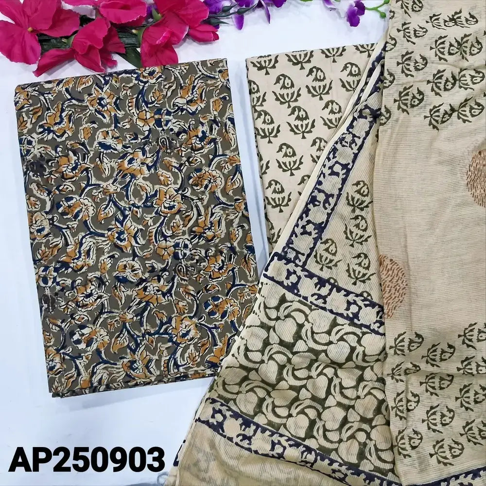 Olive green kalamkari printed cotton salwar material ap250903-Neidhal