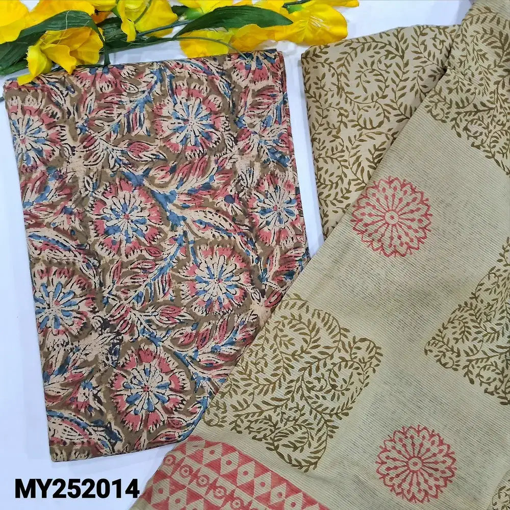 Olive green kalamkari printed cotton salwar material my252014-Neidhal