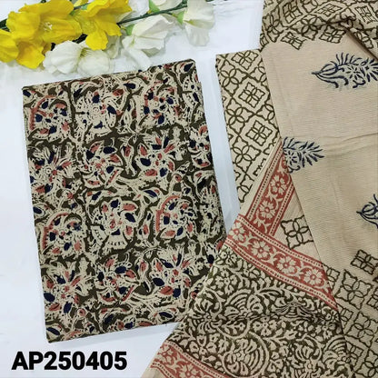 Olive green kalamkari printed soft cotton salwar material ap250405-Neidhal