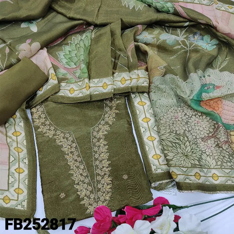 Olive green with golden tint pure organza silk unstitched salwar material