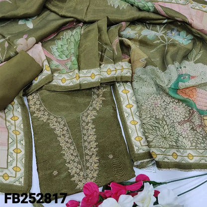 Olive green with golden tint pure organza silk unstitched salwar material