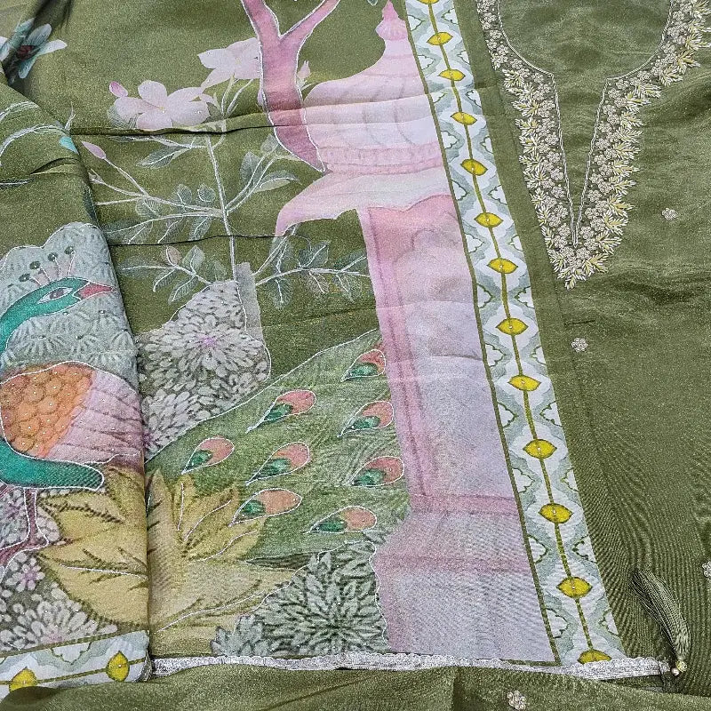 Olive green with golden tint pure organza silk salwar material