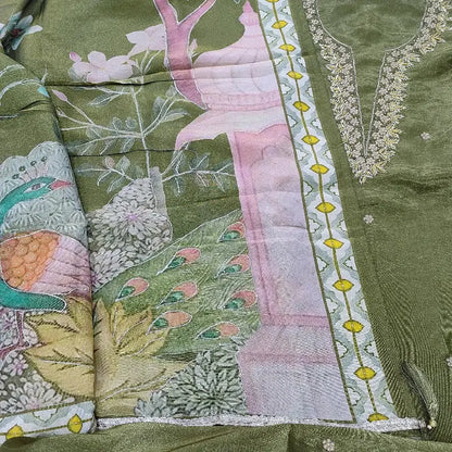 Olive green with golden tint pure organza silk salwar material