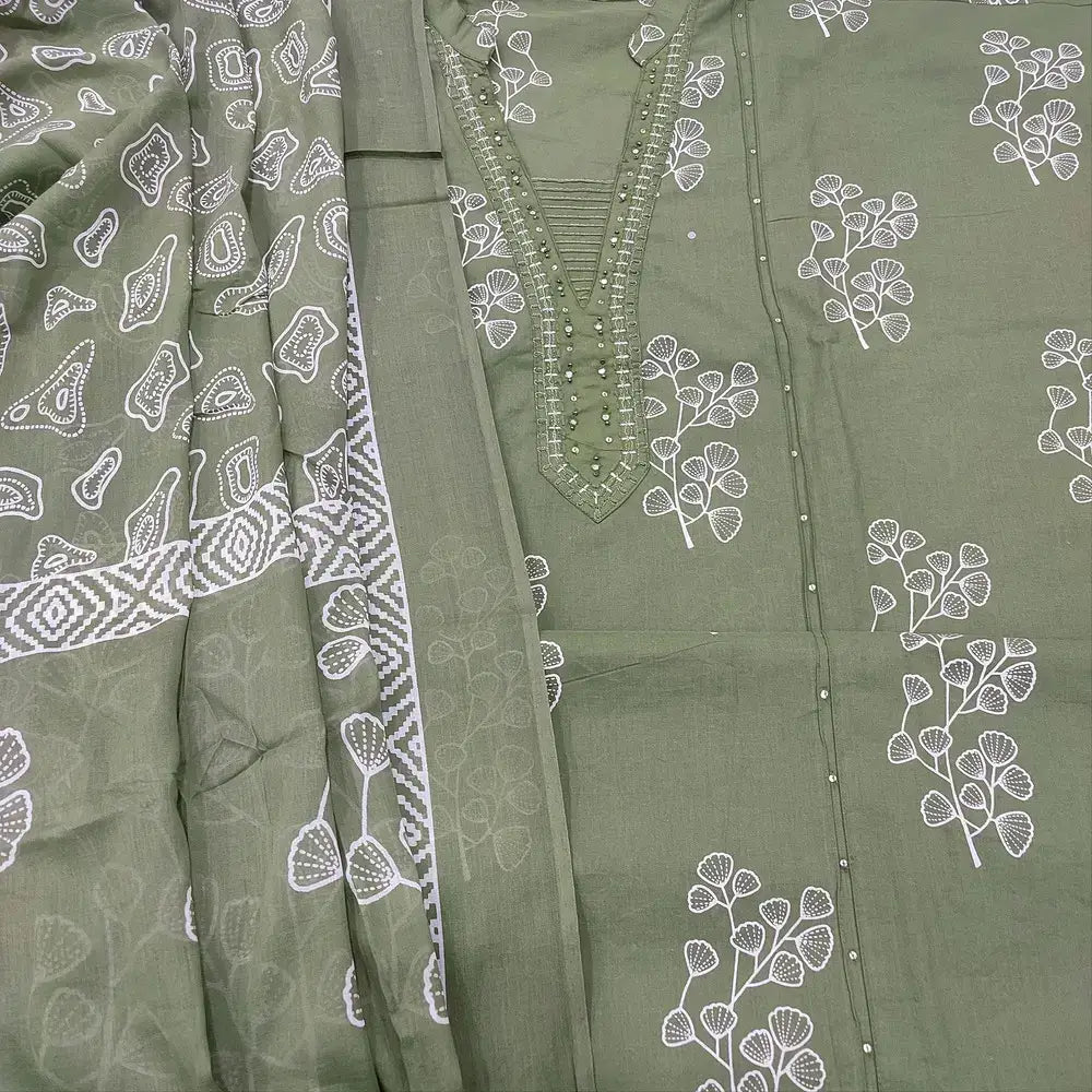 Olive green printed cotton salwar material ap250612-Neidhal