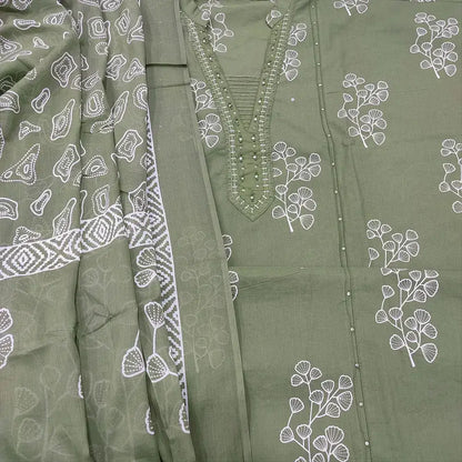 Olive green printed cotton salwar material ap250612-Neidhal