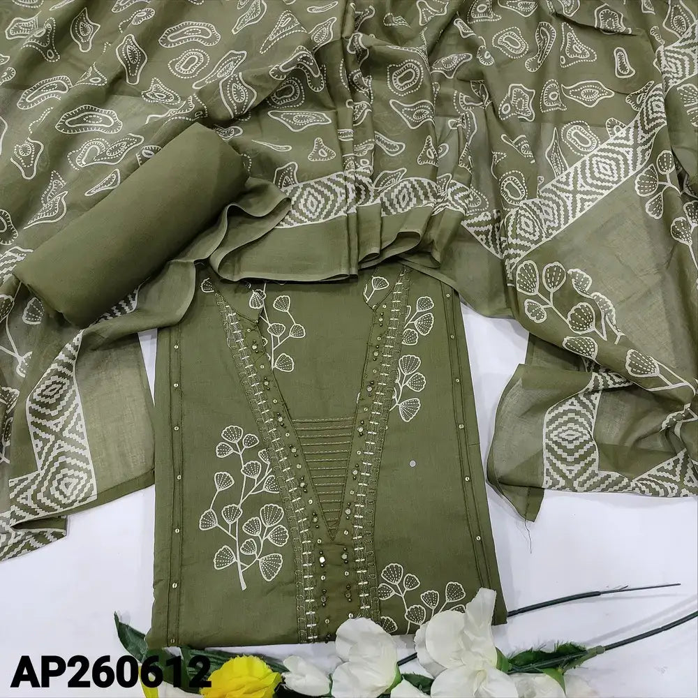Olive green printed cotton salwar material ap250612-Neidhal