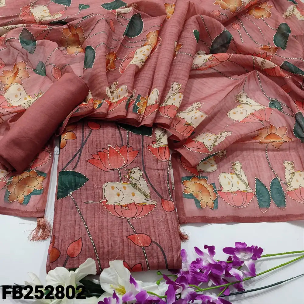 CODE FB252802: Dark onion pink digital printed silk cotton unstitched salwar material hand embroidered on front(thin