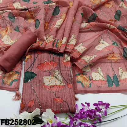 CODE FB252802: Dark onion pink digital printed silk cotton unstitched salwar material hand embroidered on front(thin