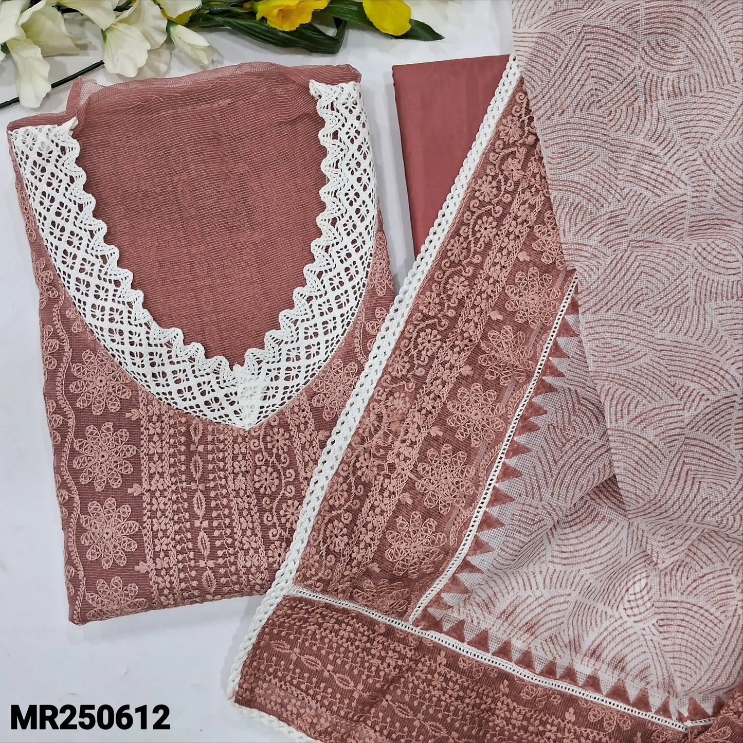Onion Pink V-Neck Self Embroidered Super Net Salwar Material | Neidhal