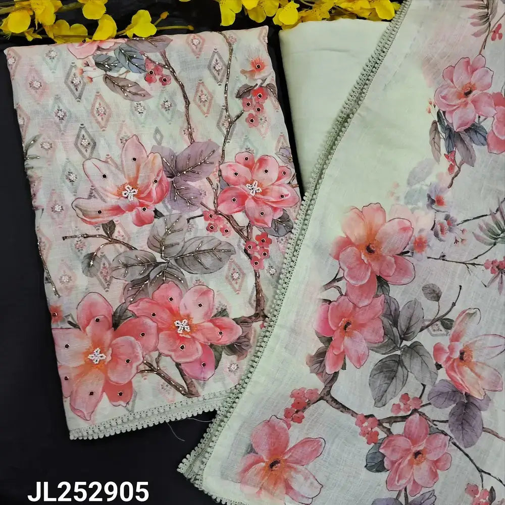 Pale green floral printed semi linen salwar material jl252905-Neidhal