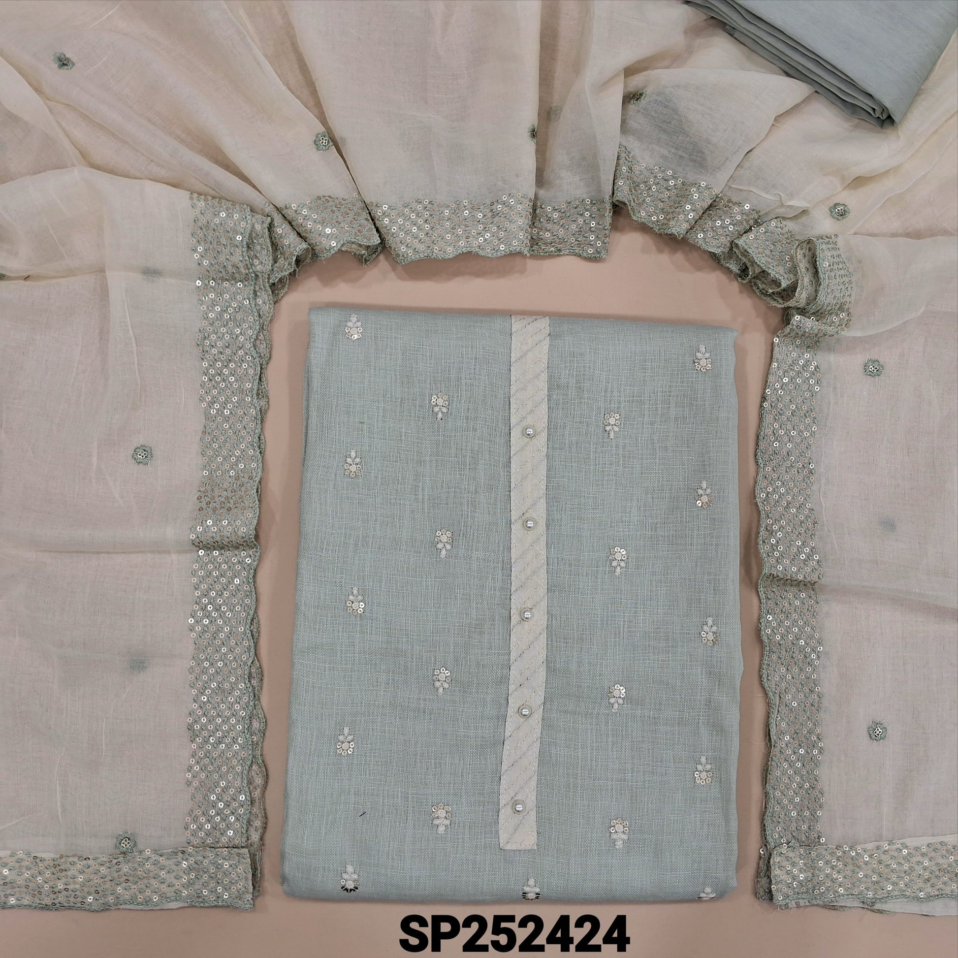 Pale Greenish grey embroidered linen salwar material SP252424-Neidhal