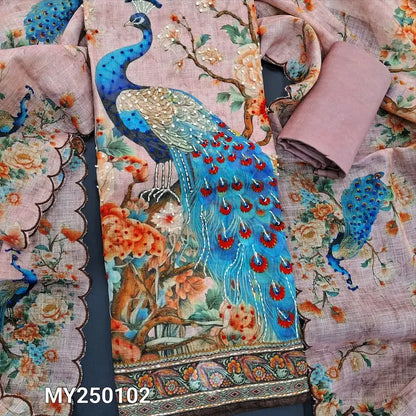 Pale pink digital peacock printed tissue linen salwar material my250102-Neidhal