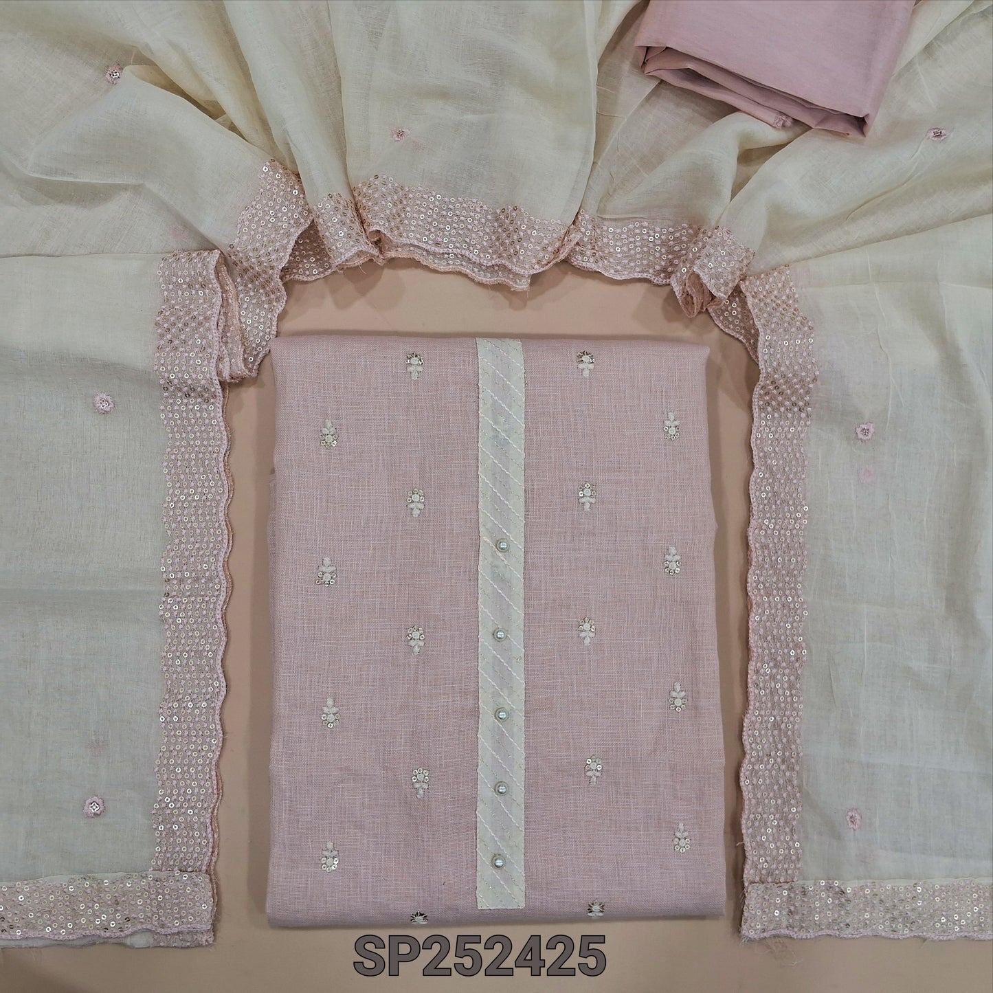 Pale pink embroidered premium linen salwar material SP252425-Neidhal