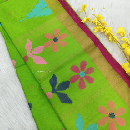 Parrot Green Jamdani Woven Silk Cotton Saree - Lightweight & Elegant