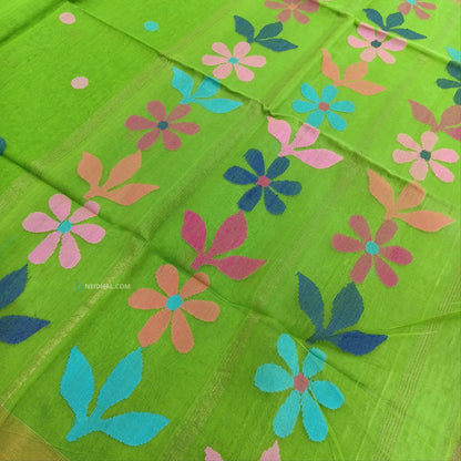 Parrot Green Jamdani Woven Silk Cotton Saree - Lightweight & Elegant