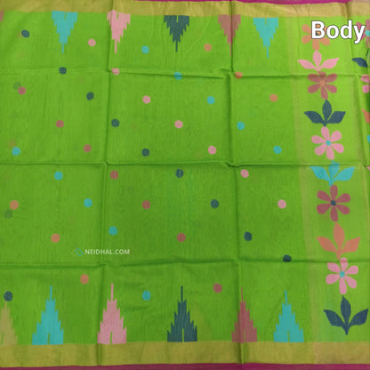 Parrot Green Jamdani Woven Silk Cotton Saree - Lightweight & Elegant