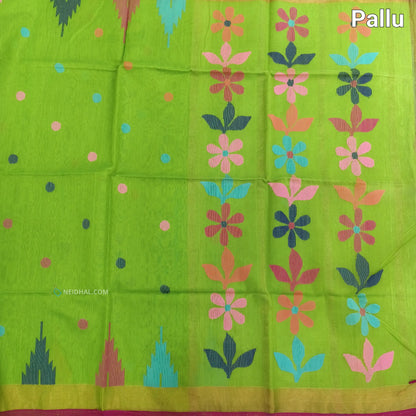 Parrot Green Jamdani Woven Silk Cotton Saree - Lightweight & Elegant