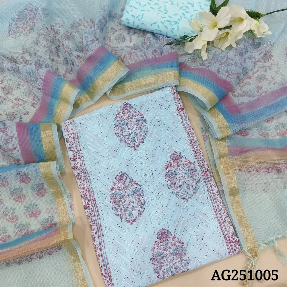 Pastel blue block printed chikankari embroidered pure cotton salwar material ag251005-Neidhal