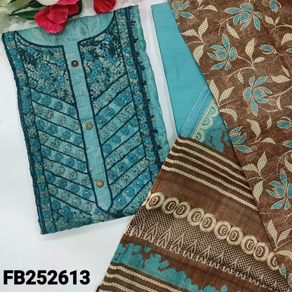 CODE FB252613: Pastel blue designer digital printed silk cotton unstitched salwar material heavy hand embroidered