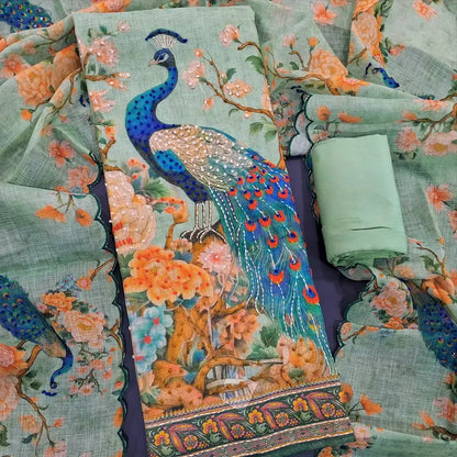 Pastel blue digital peacock printed tissue linen salwar material my250104-Neidhal
