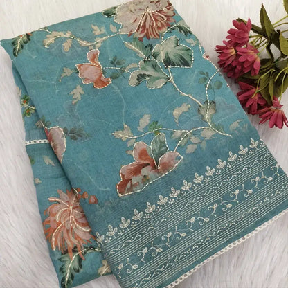 Pastel blue digital printed soft silk cotton saree ns208-Neidhal