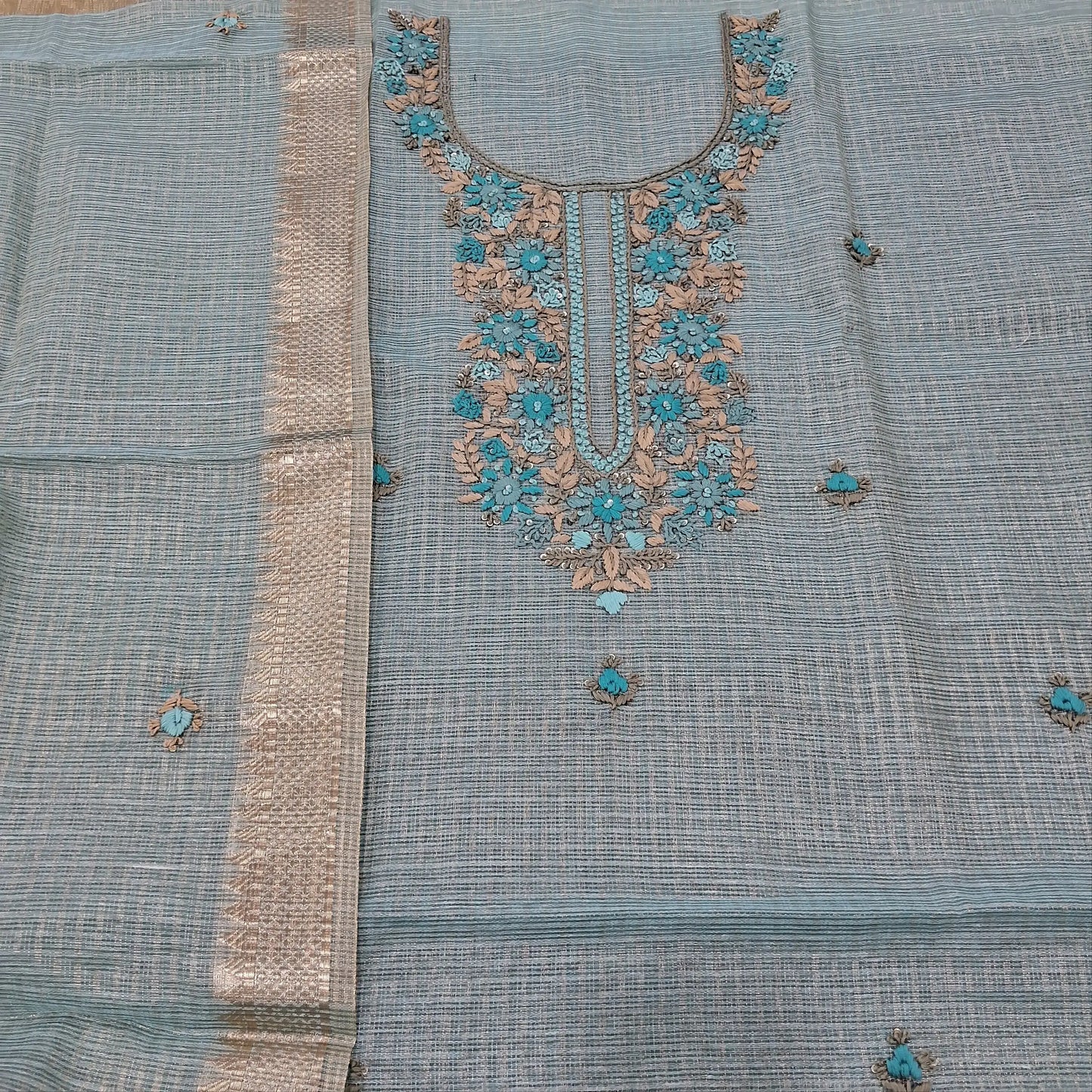Pastel blue fancy kota silk cotton salwar material mr251010-Neidhal