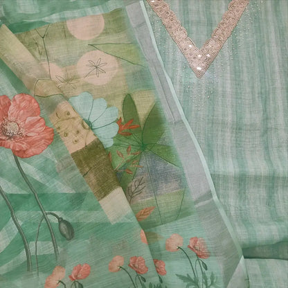 CODE FB250715: Pastel blue fancy slub silk cotton unstitched salwar material v neck with bead& real mirror work(thin