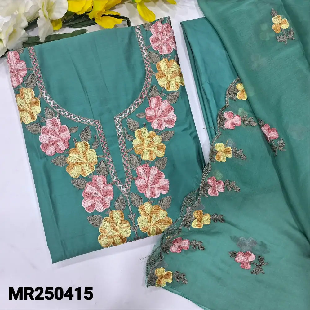 CODE MR250415: Pastel blue fancy soft silk cotton unstitched salwar material machine embroidered on yoke& front(lining