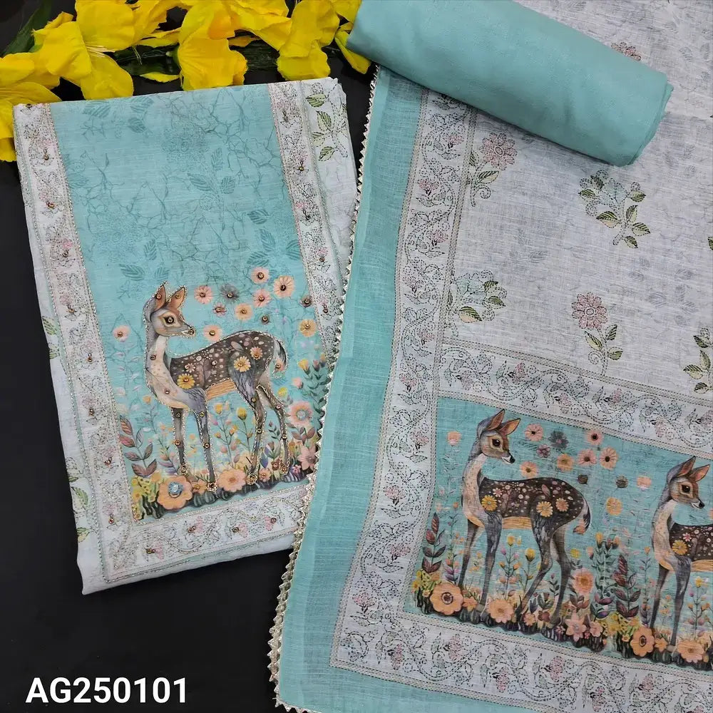 Pastel blue floral printed semi linen salwar material ag250101-Neidhal