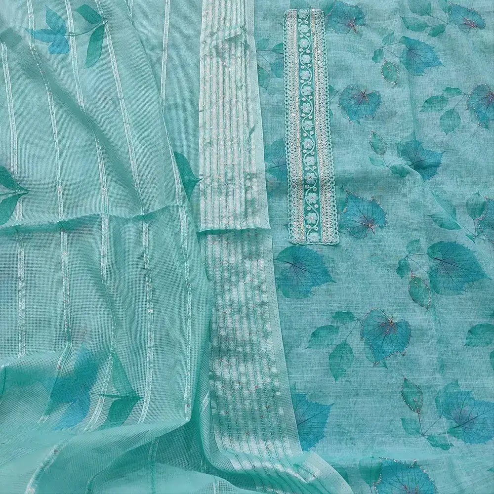 Pastel blue leafy printed linen salwar material mr252207-Neidhal