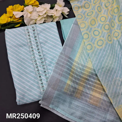 CODE MR250409: Pastel blue lehariya printed semi linen unstitched salwar material real mirror work on yoke(thin fabric