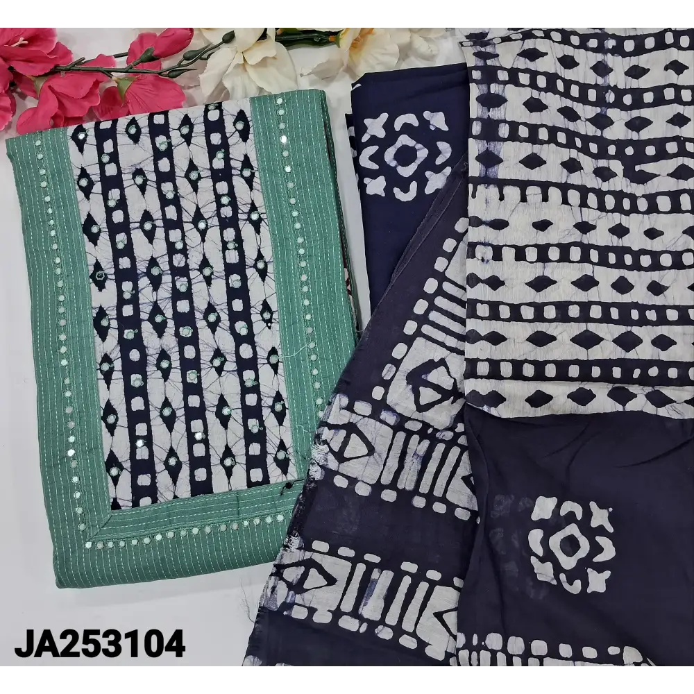 CODE JA253104: Pastel blue pure kantha cotton unstitched salwar material batik dyed yoke with faux mirror work (lining