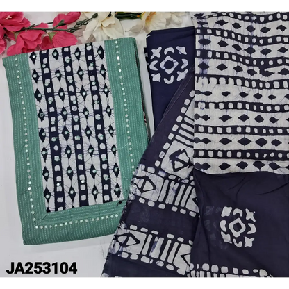 CODE JA253104: Pastel blue pure kantha cotton unstitched salwar material batik dyed yoke with faux mirror work (lining