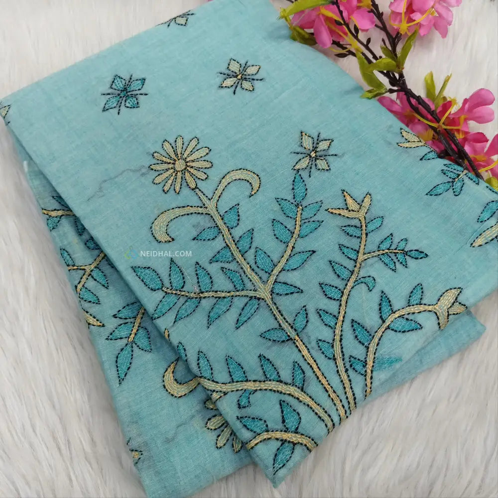 CODE NS16: Pastel blue pure soft mul cotton saree(soft& light weight very thin) heavy hand embroidered all over rich