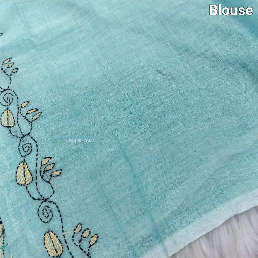 CODE NS16: Pastel blue pure soft mul cotton saree(soft& light weight very thin) heavy hand embroidered all over rich