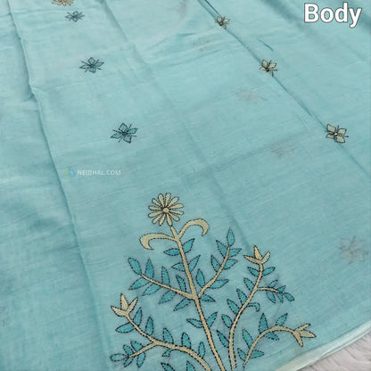 CODE NS16: Pastel blue pure soft mul cotton saree(soft& light weight very thin) heavy hand embroidered all over rich