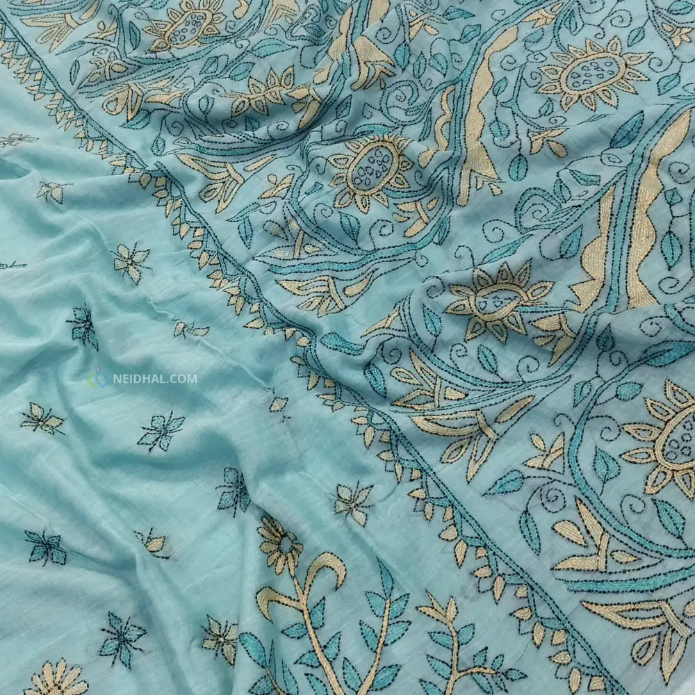 CODE NS16: Pastel blue pure soft mul cotton saree(soft& light weight very thin) heavy hand embroidered all over rich
