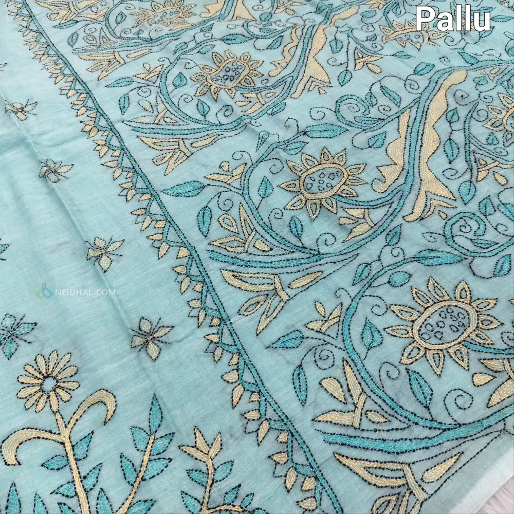 CODE NS16: Pastel blue pure soft mul cotton saree(soft& light weight very thin) heavy hand embroidered all over rich