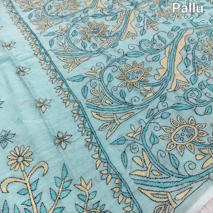 CODE NS16: Pastel blue pure soft mul cotton saree(soft& light weight very thin) heavy hand embroidered all over rich