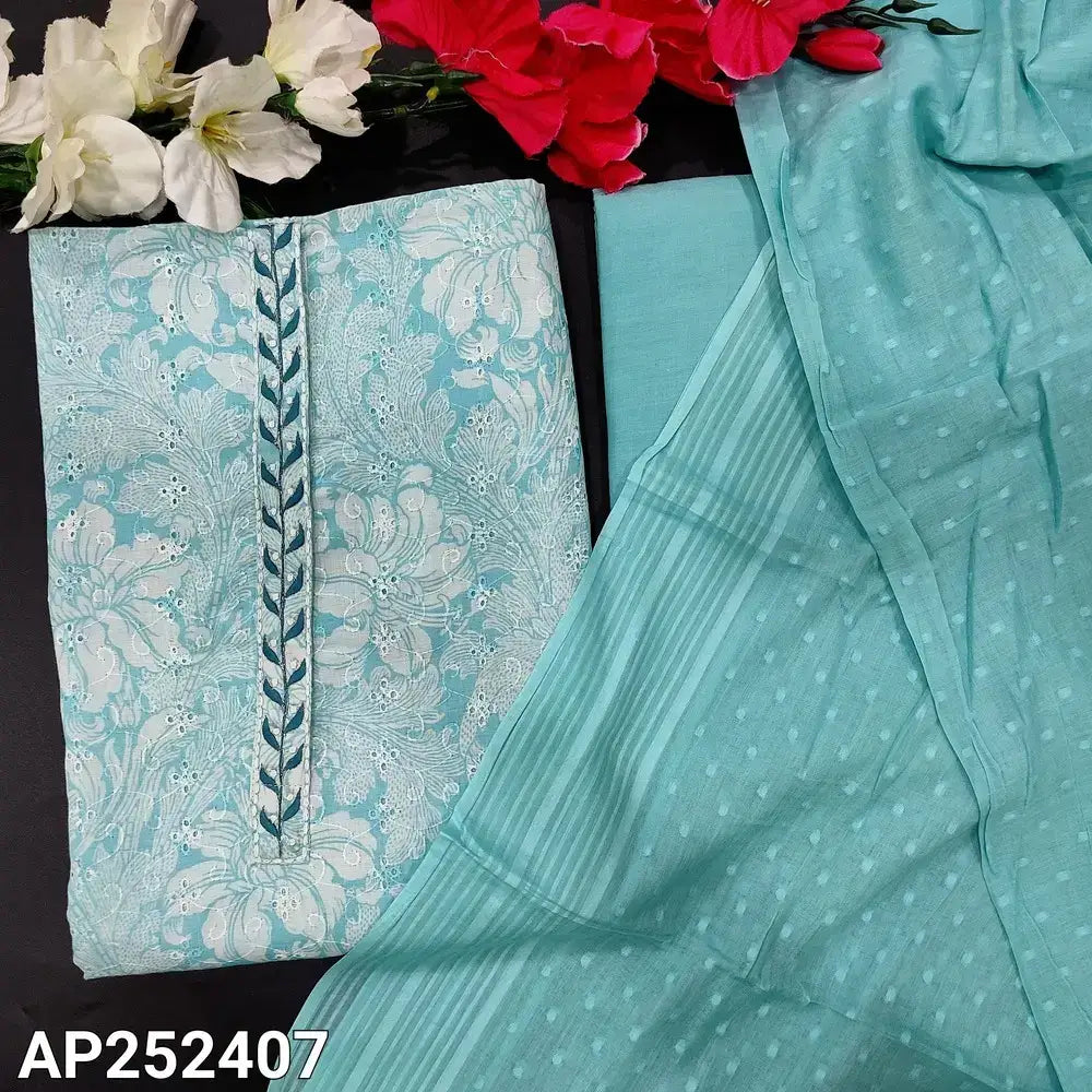 Pastel blue schiffli embroidered floral printed cotton salwar material ap252407-Neidhal