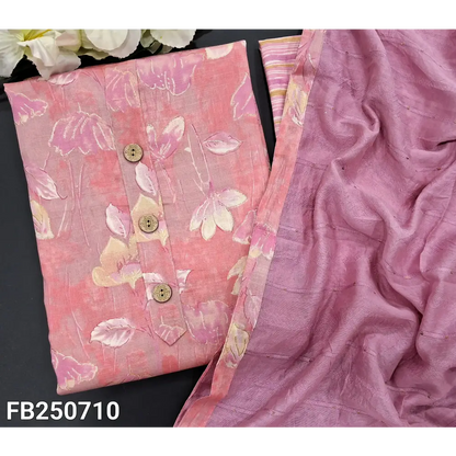 CODE FB250710: Pastel pink slub cotton unstitched salwar material wooden buttons on yoke(lining needed)vertical striped