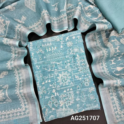 Pastel blue warli printed semi tussar salwar material ag251707 Neidhal