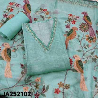 Pastel blue with golden tint digital printed tissue linen unstitched salwar material v neck thread work