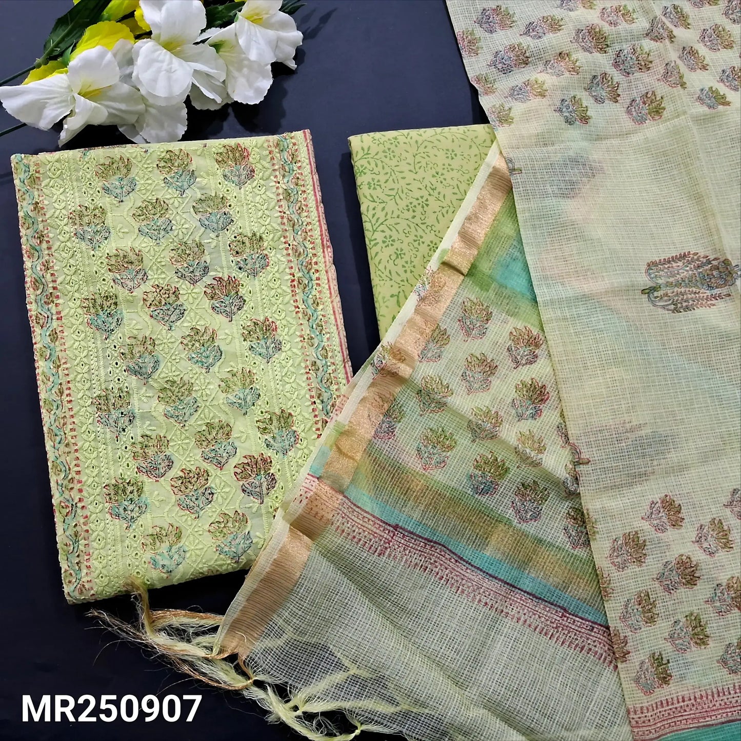 Pastel green chikankari embroidered block printed cotton salwar material mr250907-Neidhal