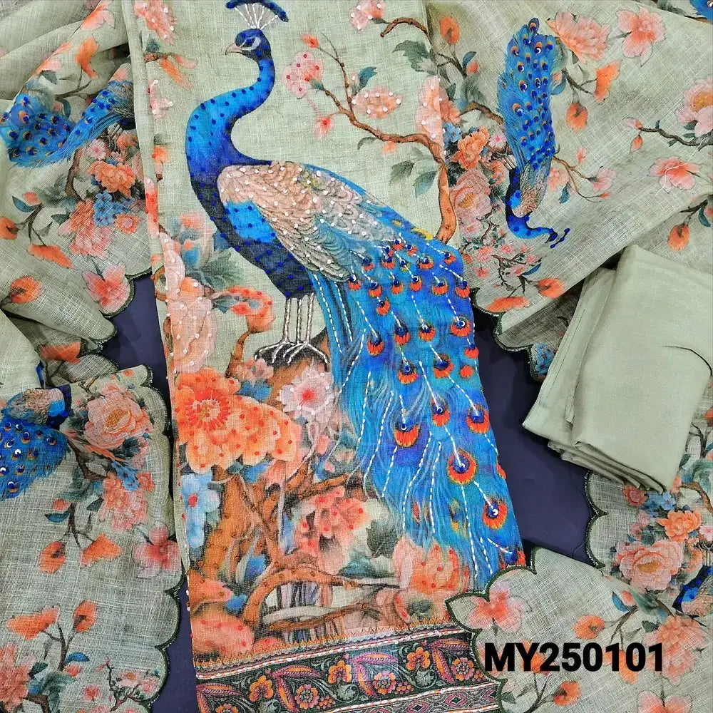 Pastel green digital peacock printed tissue linen salwar material my250101-Neidhal