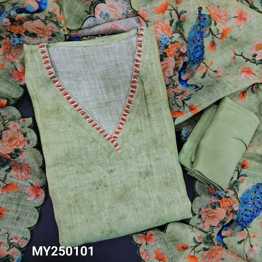 Pastel green digital peacock printed tissue linen salwar material my250101-Neidhal
