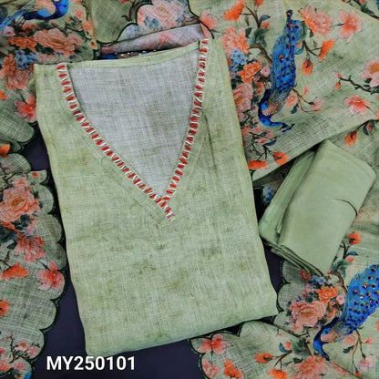 Pastel green digital peacock printed tissue linen salwar material my250101-Neidhal