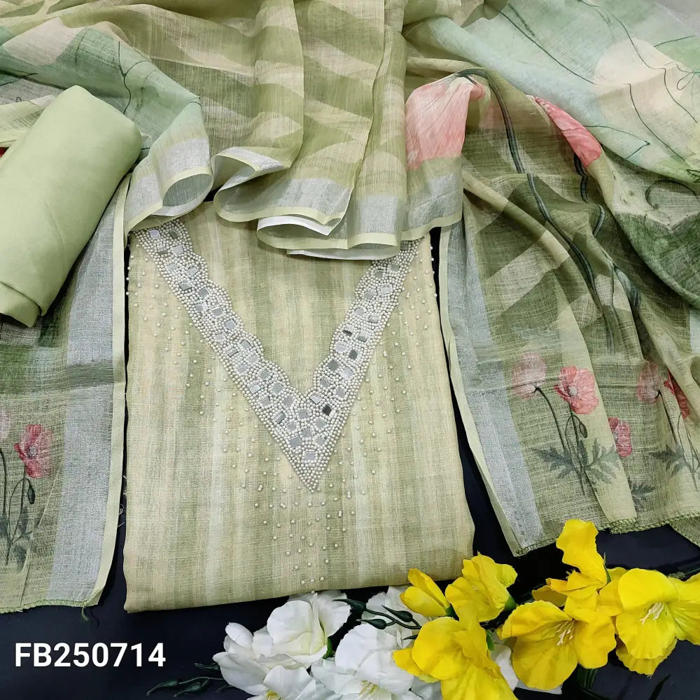 CODE FB250714: Pastel green fancy slub silk cotton unstitched salwar material v neck with bead& real mirror work(thin